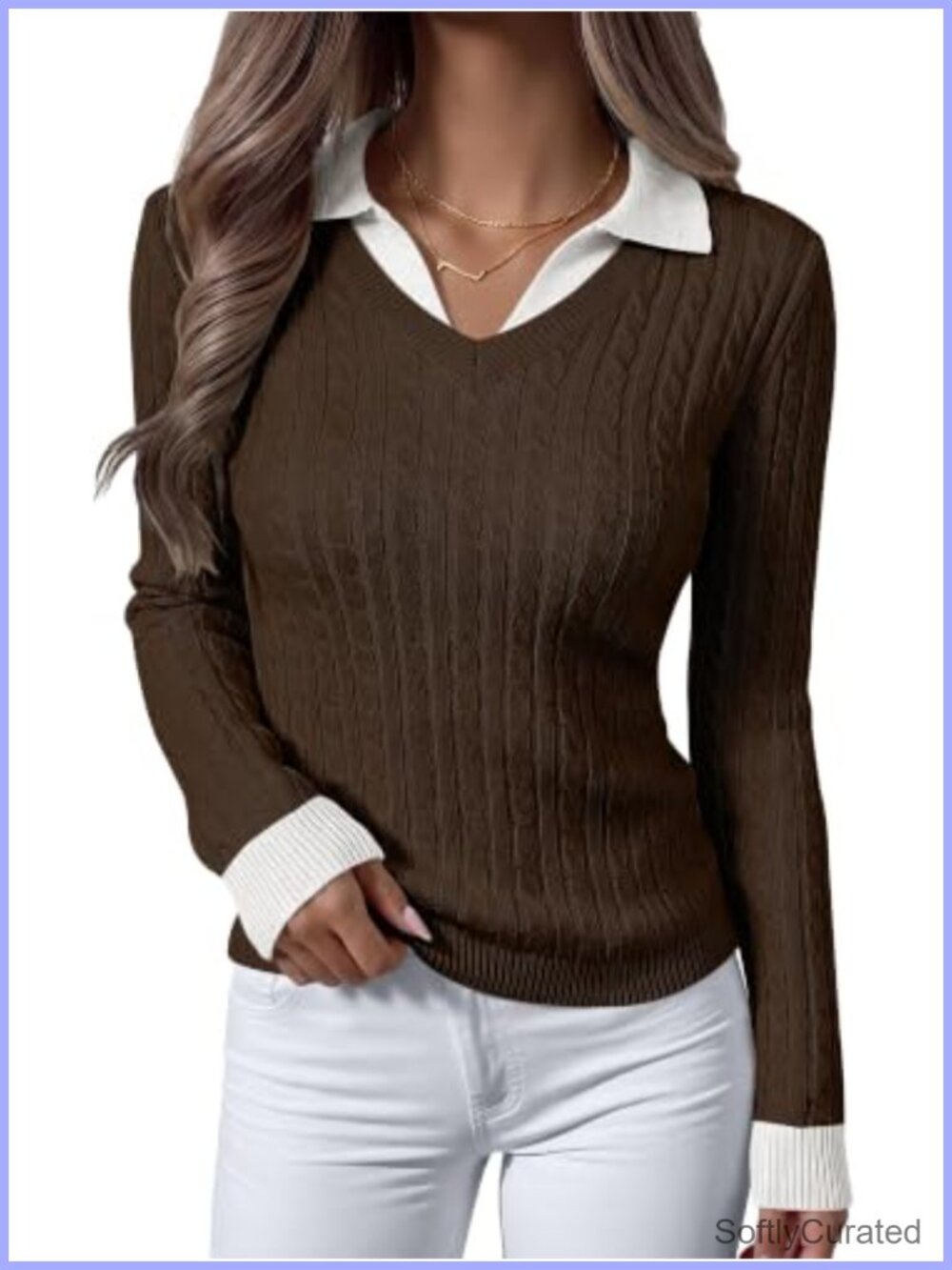 Cable Knit Polo Sweater Long Sleeve Slim Fit Pullover Women's